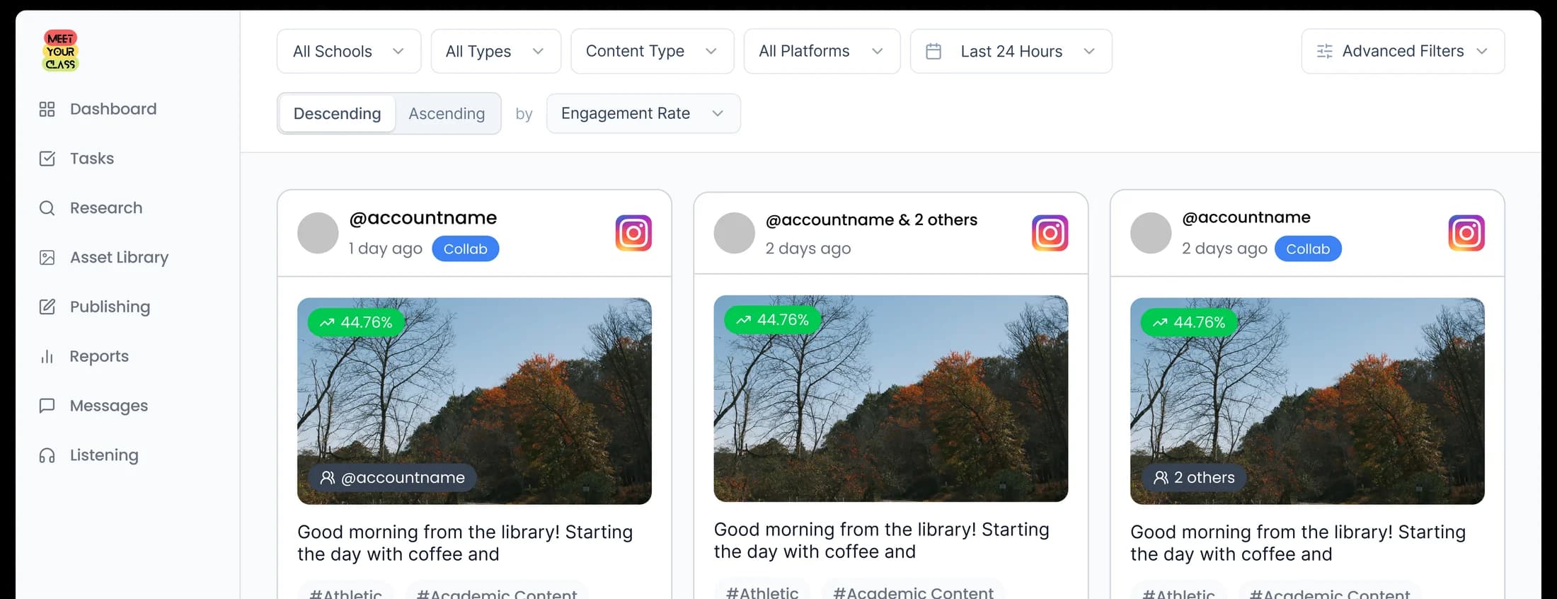 The Reach app — research feed with filters, engagement-rate sorting, and Instagram post cards