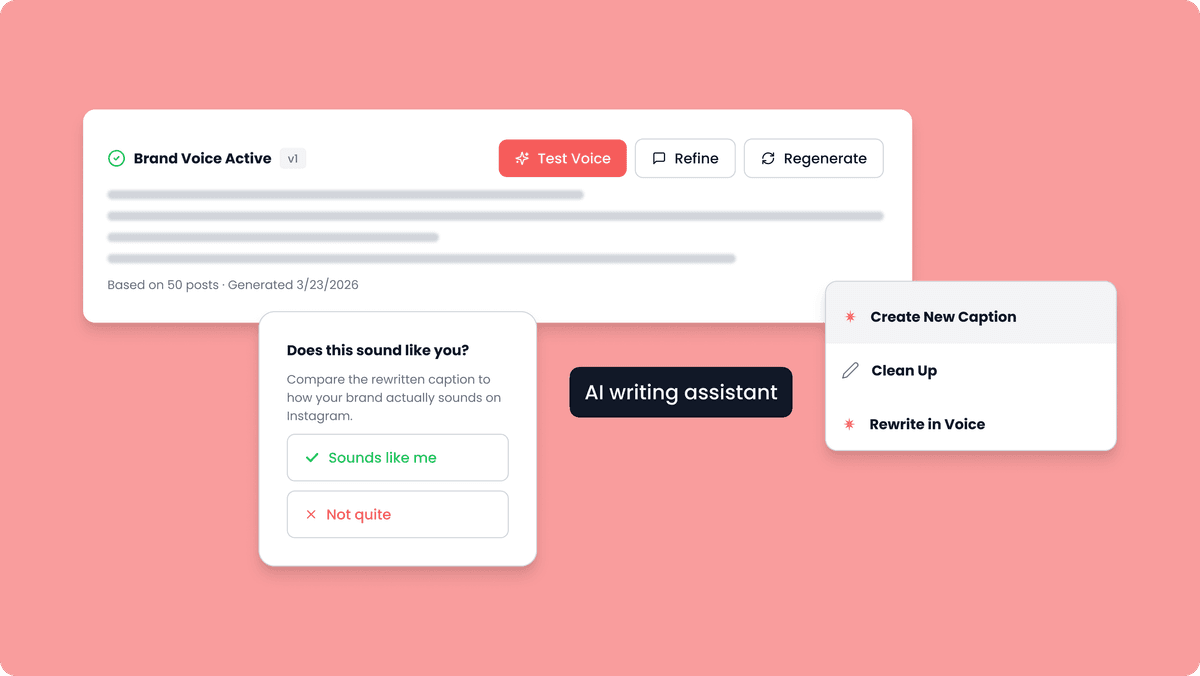Brand voice guidelines with AI-generated captions and refine options