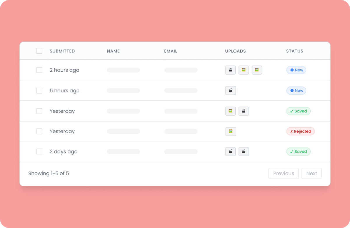 Form responses table with submission status and content preview