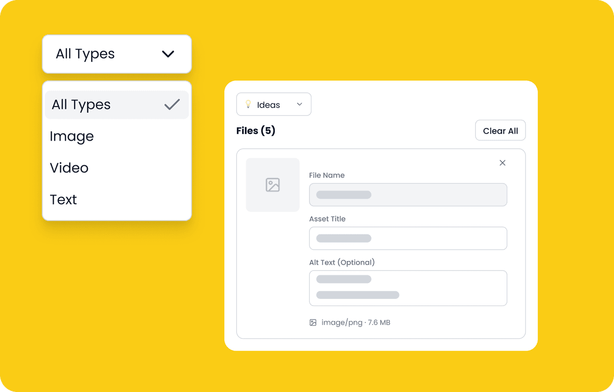Asset library upload interface with file management