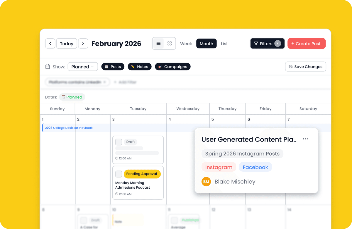 Content calendar with monthly view and post management