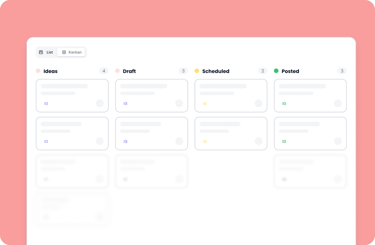 Kanban board with Ideas, Draft, Scheduled, and Posted columns
