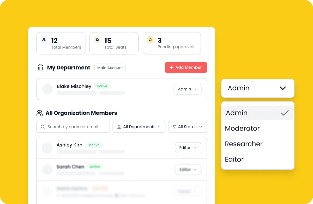 Team management with members, roles, and department organization
