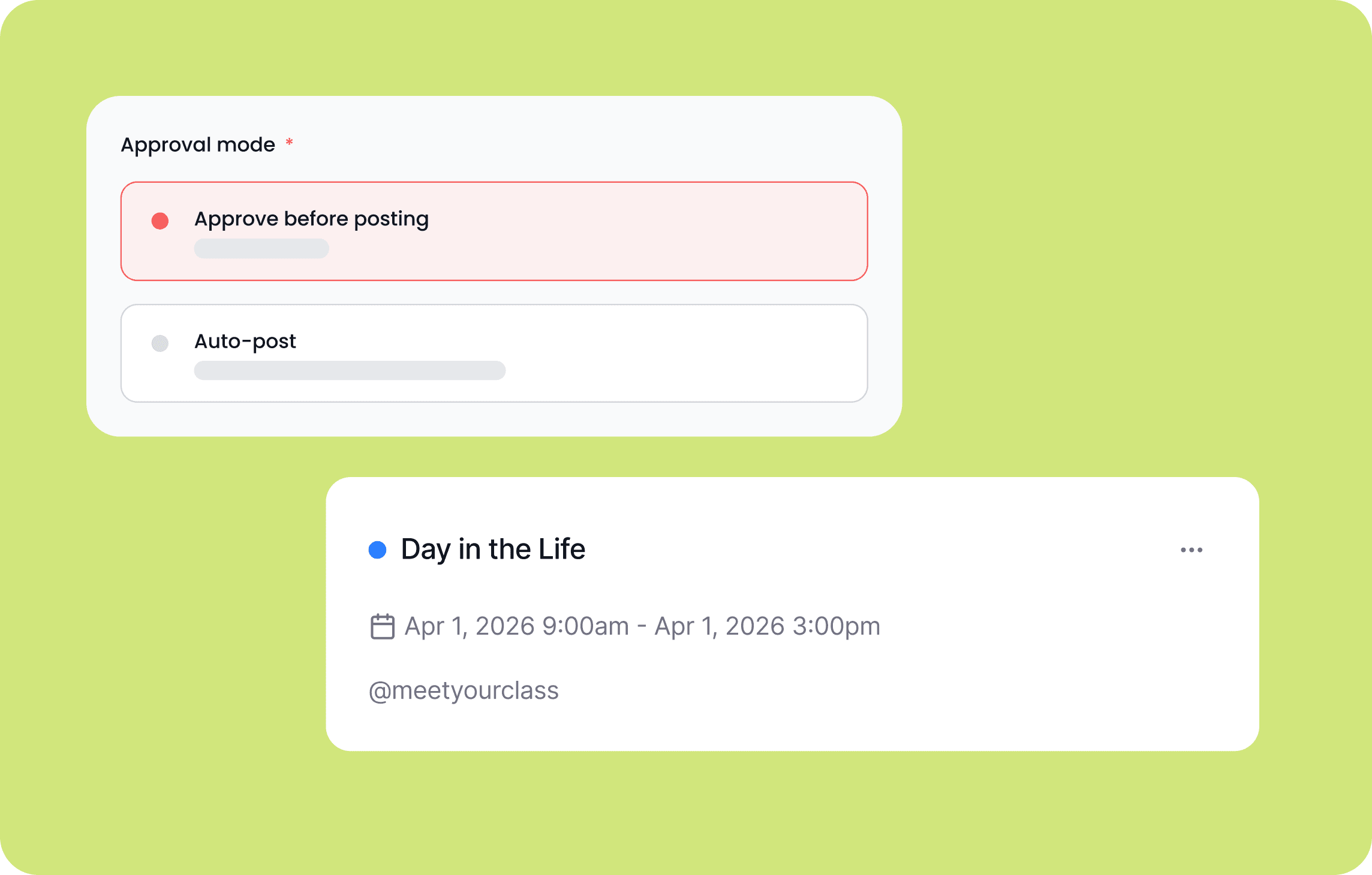 Takeover approval mode settings with approve-before-posting and auto-post options